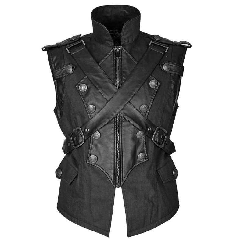 Mens Dieselpunk Military Waistcoat Vest Black Gothic Steampunk Leather 